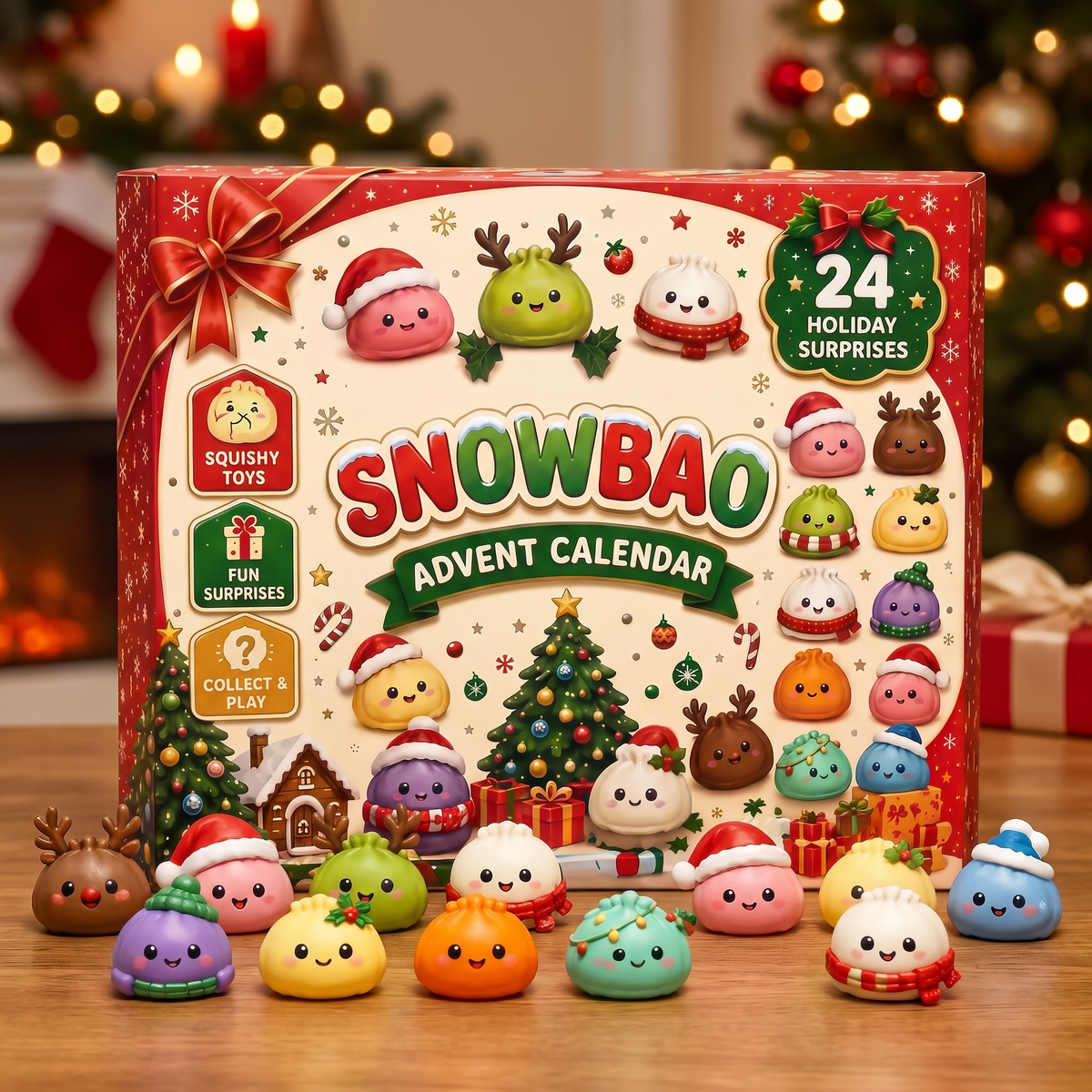 SnowBao squishies in front of the box